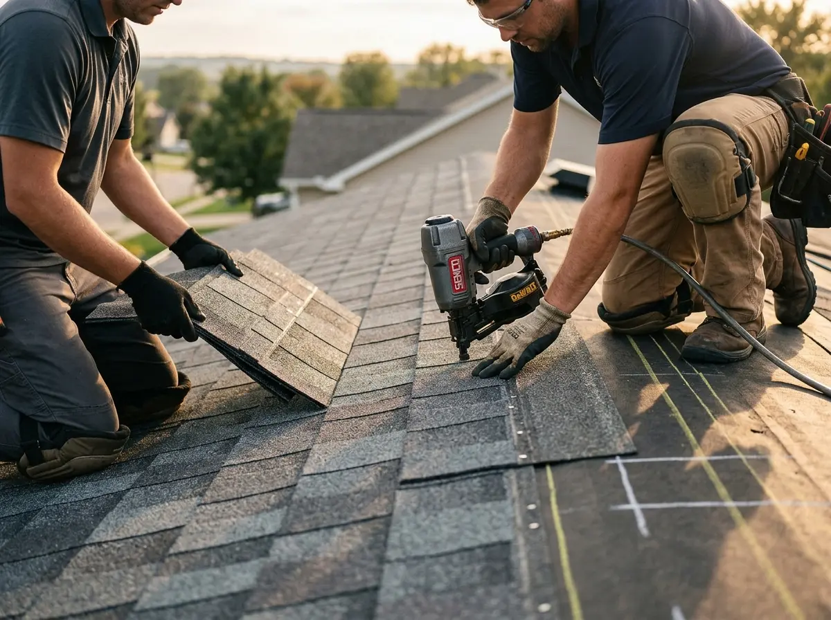 Professional roofer working on a residential roof in Firestone